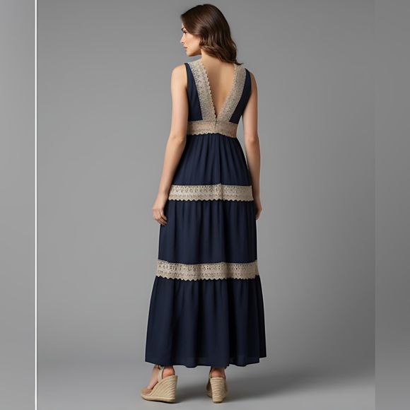 Boho Deep V-Neck Lace Trimmed Sleeveless Dress Blue - Picture 4 of 9